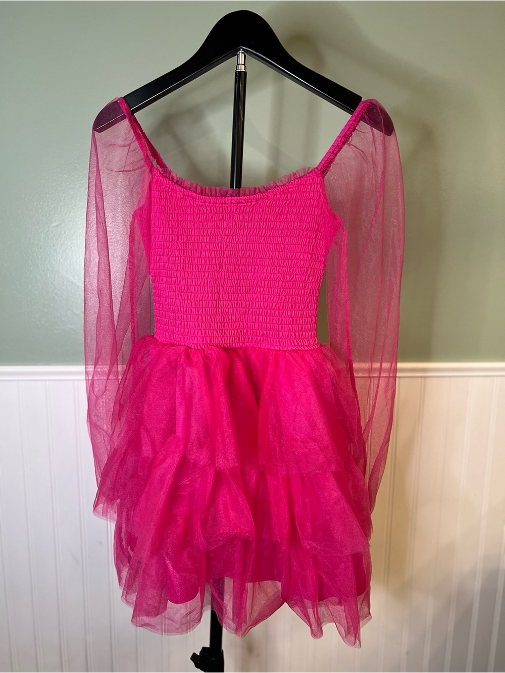 Midnight Doll Hot Pink Mini Tulle Party Dress w/Sheer Sleeves. Size XS